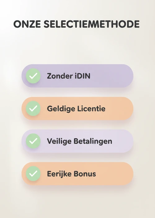 Onze selectiemethode voor casino zonder iDIN: zonder iDIN, geldige licentie, veilige betalingen en eerlijke bonus.