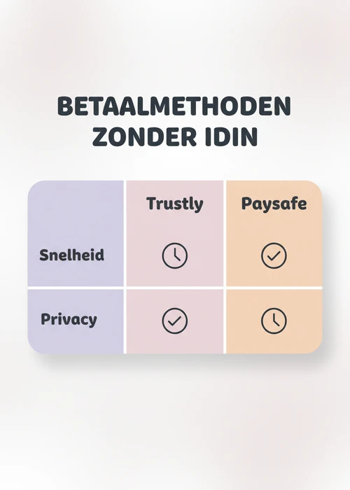 Betaalmethoden zonder iDIN vergeleken: Trustly, crypto en Paysafe op snelheid en privacy in een tabel.